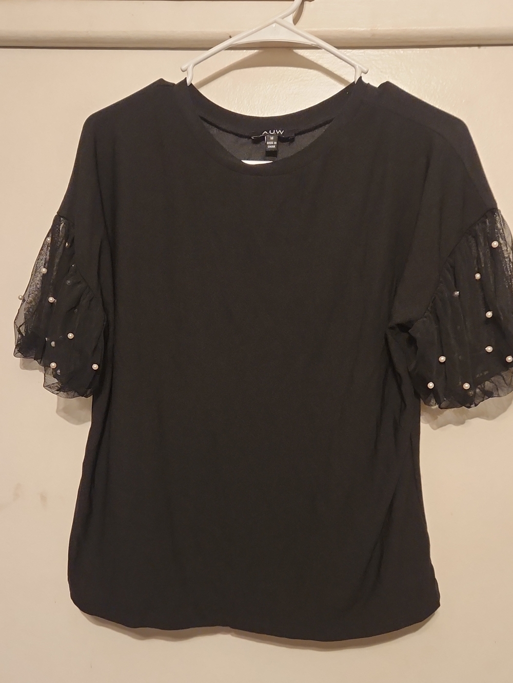 a new day Black Short-Sleeve Top with Pearl-Embellished Mesh Sleeves